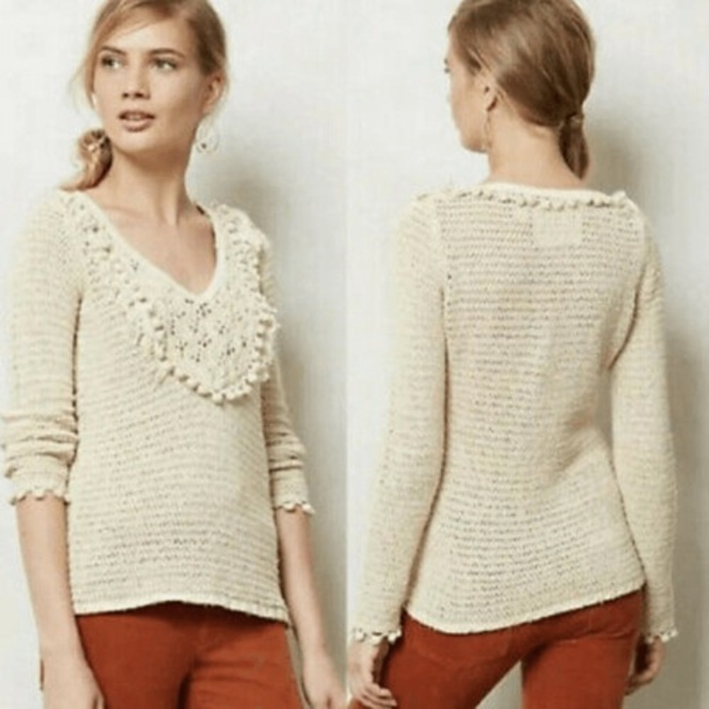 Angel of the North Anthropologie Cream Lace Pom Pom V-Neck Cable Knit Sweater S
